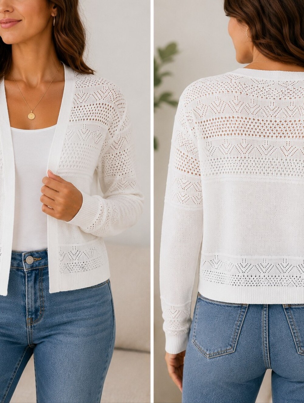Linen & Co White Openwork Knit Cardigan XL Lightweight Layering Sweater